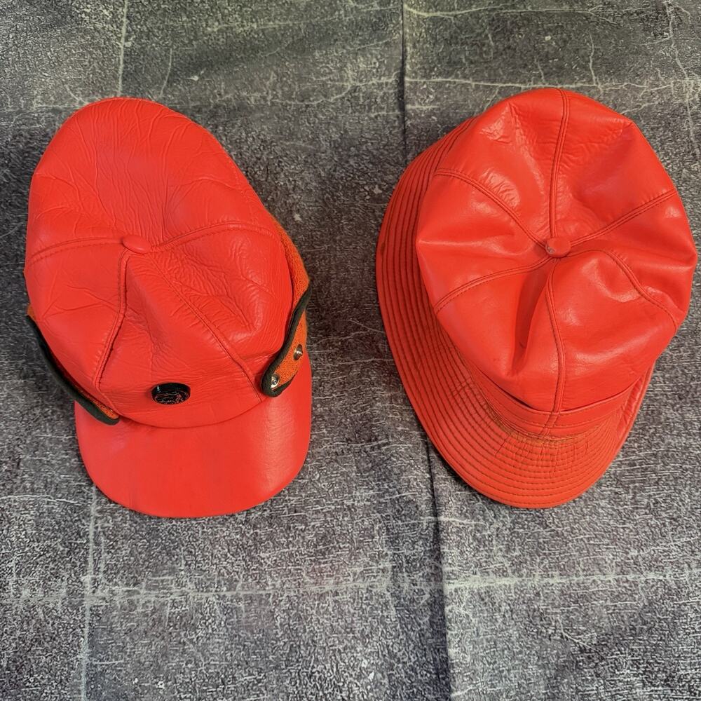 Men's Vintage 70's Orange Faux Leather Duck Hunting Bucket Ear Flap Hat Lot Sz M